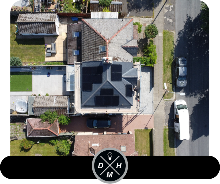 Drone image of solar panels UK DMH electrical and renewables