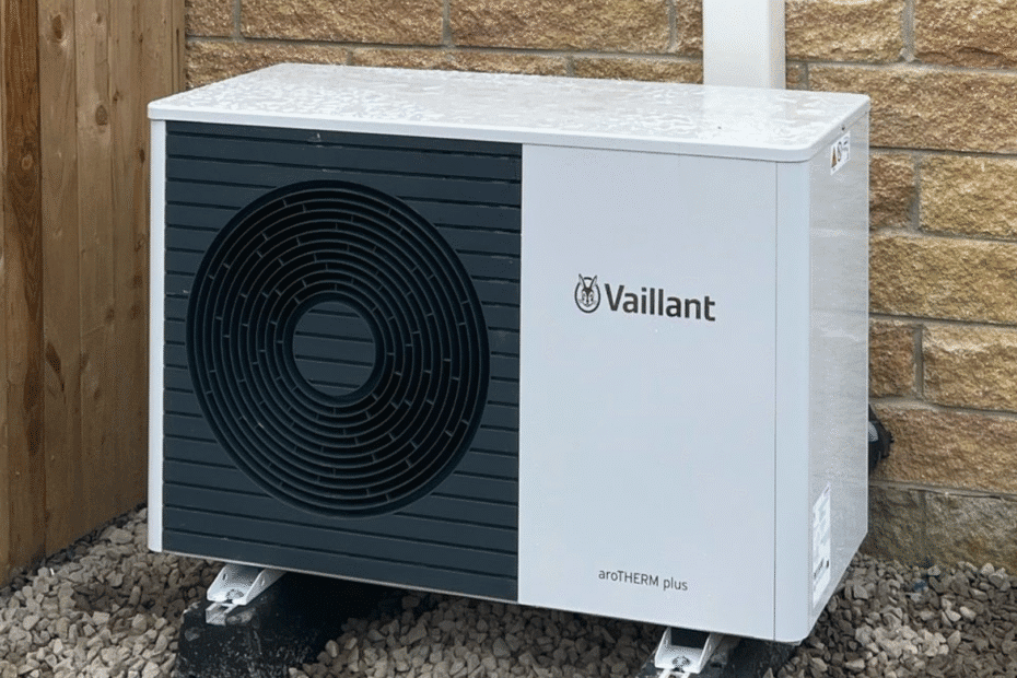 A heat pump installed by DMH Electrical and Renewables in County Durham which has a high SCOP and COP rating